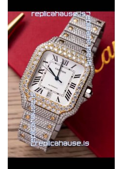 Santos De Cartier Watch in White Dial MOSSANITES Paved Edition Swiss Replica Watch
