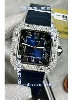 Santos De Cartier Watch in Blue Dial 39.50MM MOSSANITES Paved Bezel Swiss Replica Watch