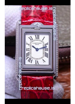 Cartier Tank Reversible Swiss Quartz Replica Watch in Steel Casing - Red Strap