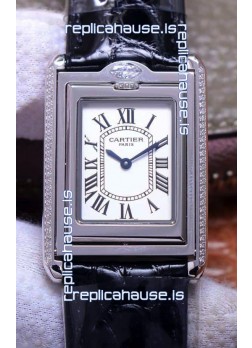 Cartier Tank Reversible Swiss Quartz Replica Watch in Steel Casing - Black Strap