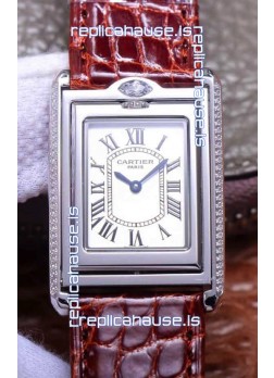 Cartier Tank Reversible Swiss Quartz Replica Watch in Steel Casing - Brown Strap