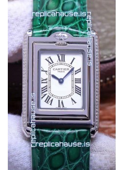 Cartier Tank Reversible Swiss Quartz Replica Watch in Steel Casing - Green Strap