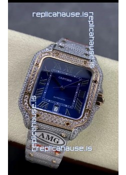 Cartier "Santos De Cartier" Two Tone Blue Dial 1:1 Mirror Replica - 40MM - Genuine Diamonds