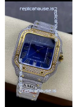Cartier "Santos De Cartier" Two Tone Blue Dial 1:1 Mirror Replica - 40MM - Genuine Diamonds