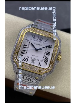 Cartier "Santos De Cartier" Two Tone White Dial 1:1 Mirror Replica - 40MM - Genuine Diamonds