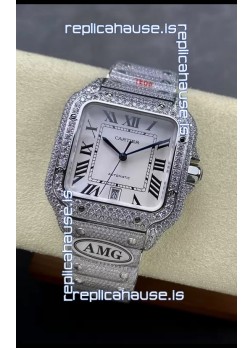 Cartier "Santos De Cartier" 904L Steel White Dial 1:1 Mirror Replica - 40MM - Genuine Diamonds
