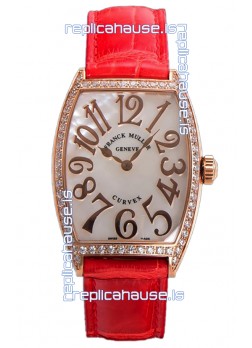 Franck Muller Cintree Curvex Mother of Pearl Dial Watch in Rose Gold Plating - Red Strap 
