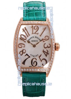 Franck Muller Cintree Curvex Mother of Pearl Dial Watch in Rose Gold Plating - Green Strap 