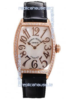 Franck Muller Cintree Curvex Mother of Pearl Dial Watch in Rose Gold Plating - Black Strap 