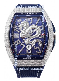 Franck Muller Vanguard Yachting Dragon V45 Blue Dial in Diamonds Bezel Swiss Replica