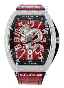 Franck Muller Vanguard Yachting Dragon V45 Red Dial in Gold Diamonds Bezel Swiss Replica