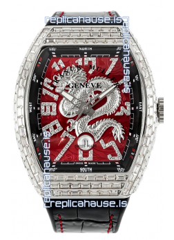 Franck Muller Vanguard Yachting Dragon V45 Red Dial in Square Diamonds Bezel Swiss Replica
