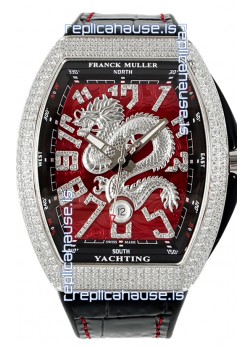 Franck Muller Vanguard Yachting Dragon V45 Red Dial in Rounded Diamonds Bezel Swiss Replica
