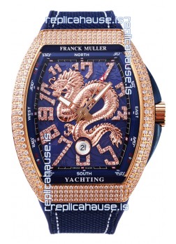 Franck Muller Vanguard Yachting Dragon V45 Blue Dial in Gold Diamonds Bezel Swiss Replica