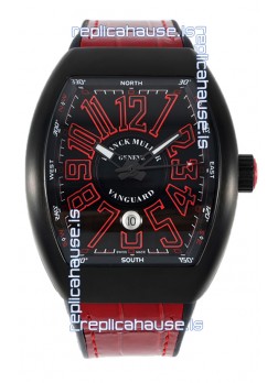 Franck Muller Vanguard in DLC Coated Casing Black Dial Swiss Replica Red Strap 