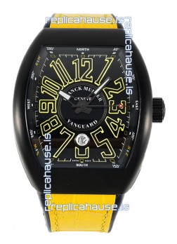 Franck Muller Vanguard in DLC Coated Casing Black Dial Swiss Replica Yellow Strap 