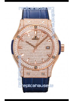 Hublot Classic Fusion Automatic Rose Gold Diamonds Paved Dial Blue Strap 42MM Superclone Replica Watch 
