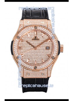 Hublot Classic Fusion Automatic Rose Gold Diamonds Paved Dial Black Strap 42MM Superclone Replica Watch 