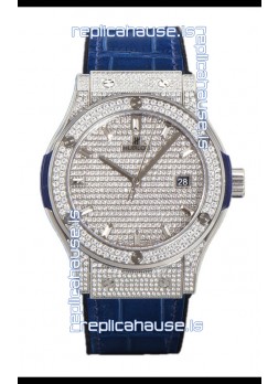 Hublot Classic Fusion Automatic Steel Diamonds Paved Dial Blue Strap 42MM Superclone Replica Watch 