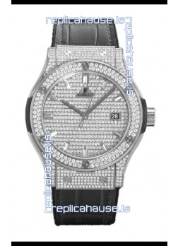 Hublot Classic Fusion Automatic Steel Diamonds Paved Dial Grey Strap 42MM Superclone Replica Watch 