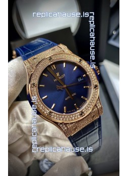 Hublot Classic Fusion Diamonds Rose Gold Steel Blue Dial Swiss Replica Watch 1:1 Mirror Quality