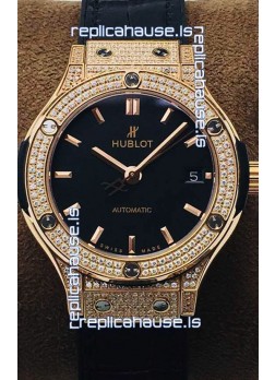 Hublot Classic Fusion Diamonds Rose Gold Black Dial 38MM Swiss Replica Watch 1:1 Mirror Quality