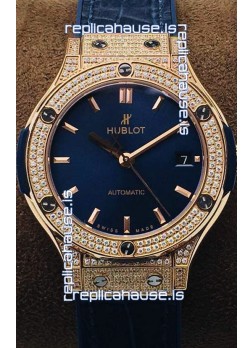 Hublot Classic Fusion Diamonds Rose Gold Blue Dial 38MM Swiss Replica Watch 1:1 Mirror Quality