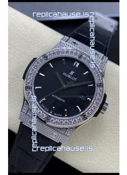 Hublot Classic Fusion Stainless Steel Diamonds Black Dial Swiss Replica Watch 1:1 Mirror Quality