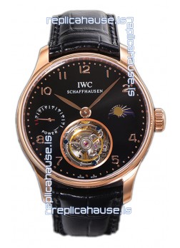 IWC Portugese Hand-Wound Genuine Tourbillon Black Dial Rose Gold Casing Swiss Replica Watch 