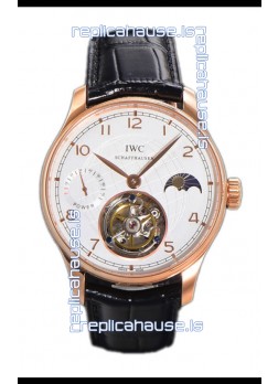 IWC Portugese Hand-Wound Genuine Tourbillon White Dial Rose Gold Casing Swiss Replica Watch 