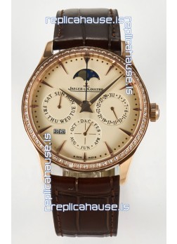 Jaeger LeCoultre Super Clone Master Ultra-Thin Perpetual Calendar Cream Dial Diamonds Bezel Watch