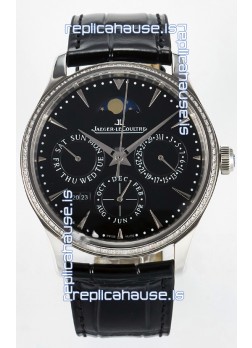 Jaeger LeCoultre Super Clone Master Ultra-Thin Perpetual Calendar Black Dial Diamonds Watch