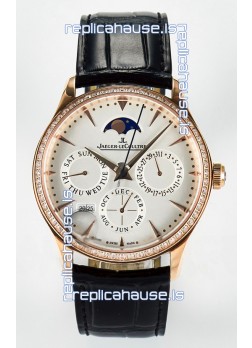 Jaeger LeCoultre Super Clone Master Ultra-Thin Perpetual Calendar White Dial Diamonds Bezel Watch