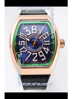 Franck Muller Vanguard Crazy Hours in Rose Gold Plating - Steel Blue Dial Swiss Replica Watch 