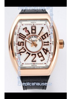 Franck Muller Vanguard Crazy Hours in Rose Gold Plating - White Dial Swiss Replica Watch 