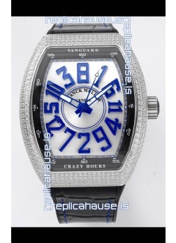 Franck Muller Vanguard Crazy Hours in Stainless Steel Diamonds - White Dial Swiss Replica Watch 