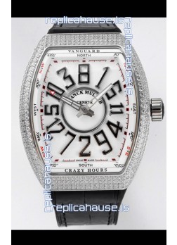 Franck Muller Vanguard Crazy Hours in Stainless Steel Diamonds - White Dial Swiss Replica Watch 