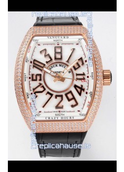 Franck Muller Vanguard Crazy Hours Rose Gold Diamonds - White Dial Swiss Replica Watch 
