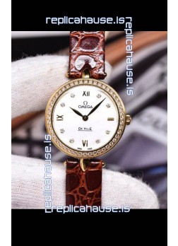 Omega De Ville Prestige Dewdrop Edition Swiss Quartz Watch in Rose Gold Brown Strap