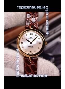 Omega De Ville Prestige Dewdrop Edition Swiss Quartz Watch in Rose Gold Brown Strap