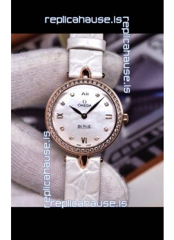 Omega De Ville Prestige Dewdrop Edition Swiss Quartz Watch in Rose Gold White Strap
