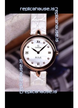 Omega De Ville Prestige Dewdrop Edition Swiss Quartz Watch in Rose Gold White Strap