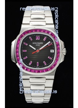 Patek Philippe Nautilus 5711 Black Dial 1:1 Mirror Replica in 904L Steel with Rubies Bezel