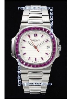 Patek Philippe Nautilus 5711 White Dial 1:1 Mirror Replica in 904L Steel with Rubies Bezel
