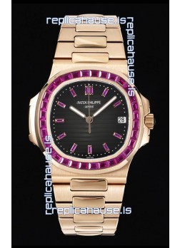 Patek Philippe Nautilus 5711 Black Dial 1:1 Mirror Replica in Rose Gold 904L Steel with Rubies Bezel