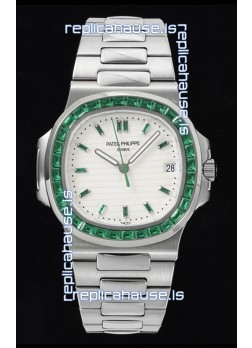 Patek Philippe Nautilus 5711 White Dial 1:1 Mirror Replica in 904L Steel with Rubies Bezel