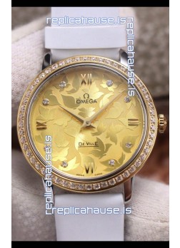Omega De Ville Floral Dial Swiss Quartz Movement in Two Tone Casing - Gold Dial