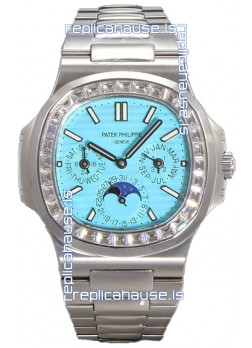 Patek Philippe Nautilus 5740 Perpetual Calendar White Gold Tiffany Dial Diamonds Bezel Swiss Replica Watch 