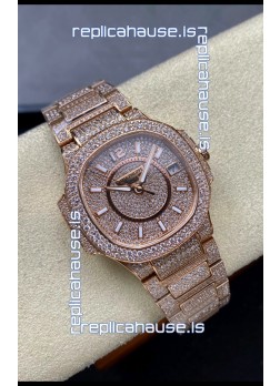 Patek Philippe Nautilus 7010 Diamonds Paved Rose Gold 32MM 1:1 Mirror Replica - Genuine Diamonds