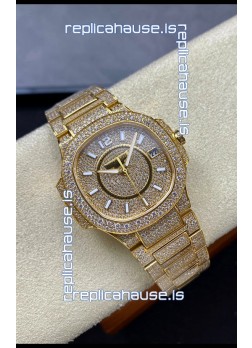 Patek Philippe Nautilus 7010 Diamonds Paved Yellow Gold 32MM 1:1 Mirror Replica - Genuine Diamonds